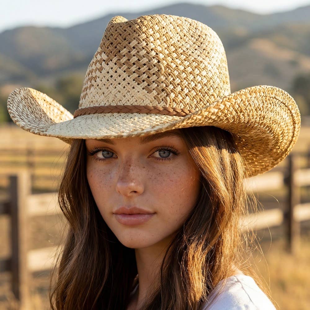 Two Tone Straw Braided Patches Cowboy Hat - The Girl on Ivy
