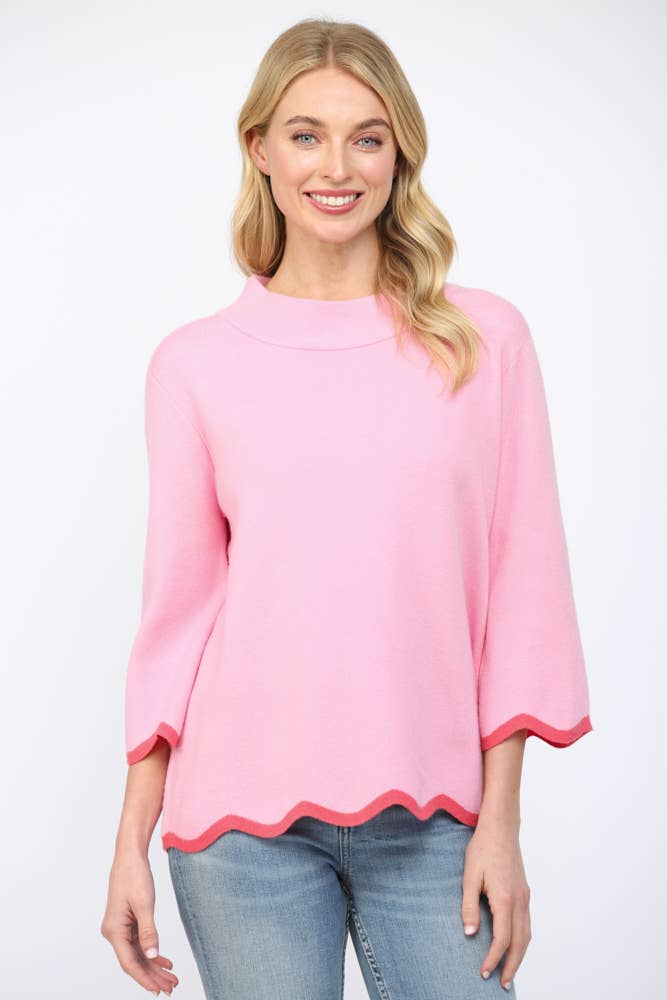 Jacquelyn SCALLOP EDGE DETAILED MOCK NECK SWEATER TOP (pink or blue) - The Girl on Ivy