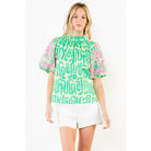 Embroidery Detail Puff Sleeve Abstract Pattern Top - The Girl on Ivy