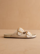 The Desiree | Beige Woven Slide with Oversized Gold Buckles - The Girl on Ivy