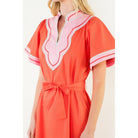 Short Sleeve Trimmed V-Neck Belted Dress - The Girl on Ivy