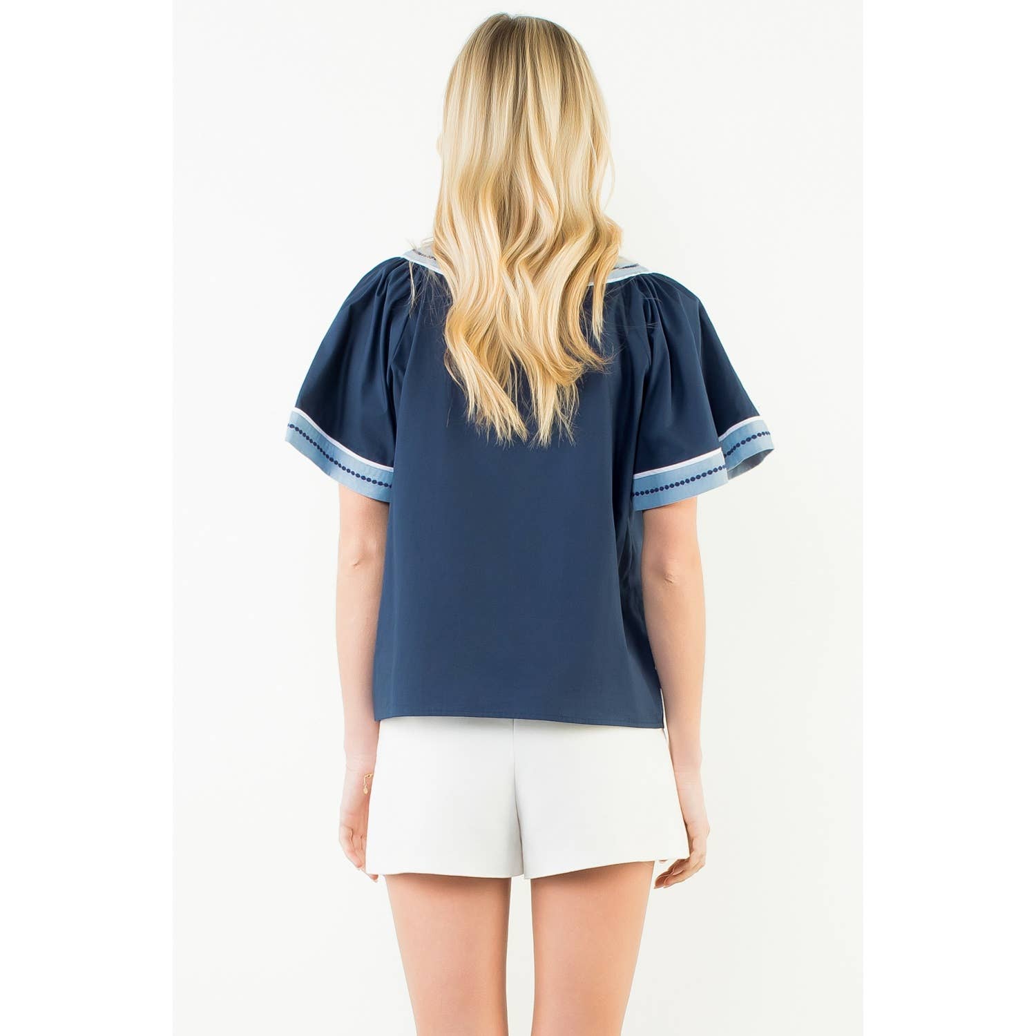 Wide Sleeve Contrast Trim V-Neck Top - The Girl on Ivy