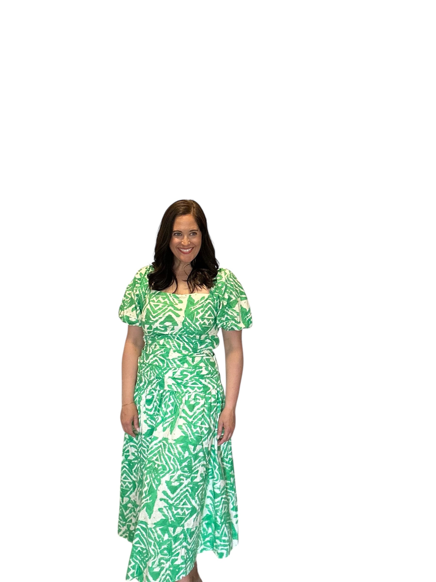 Trina green and white printed woven puff sleeve top and skirt set - The Girl on Ivy