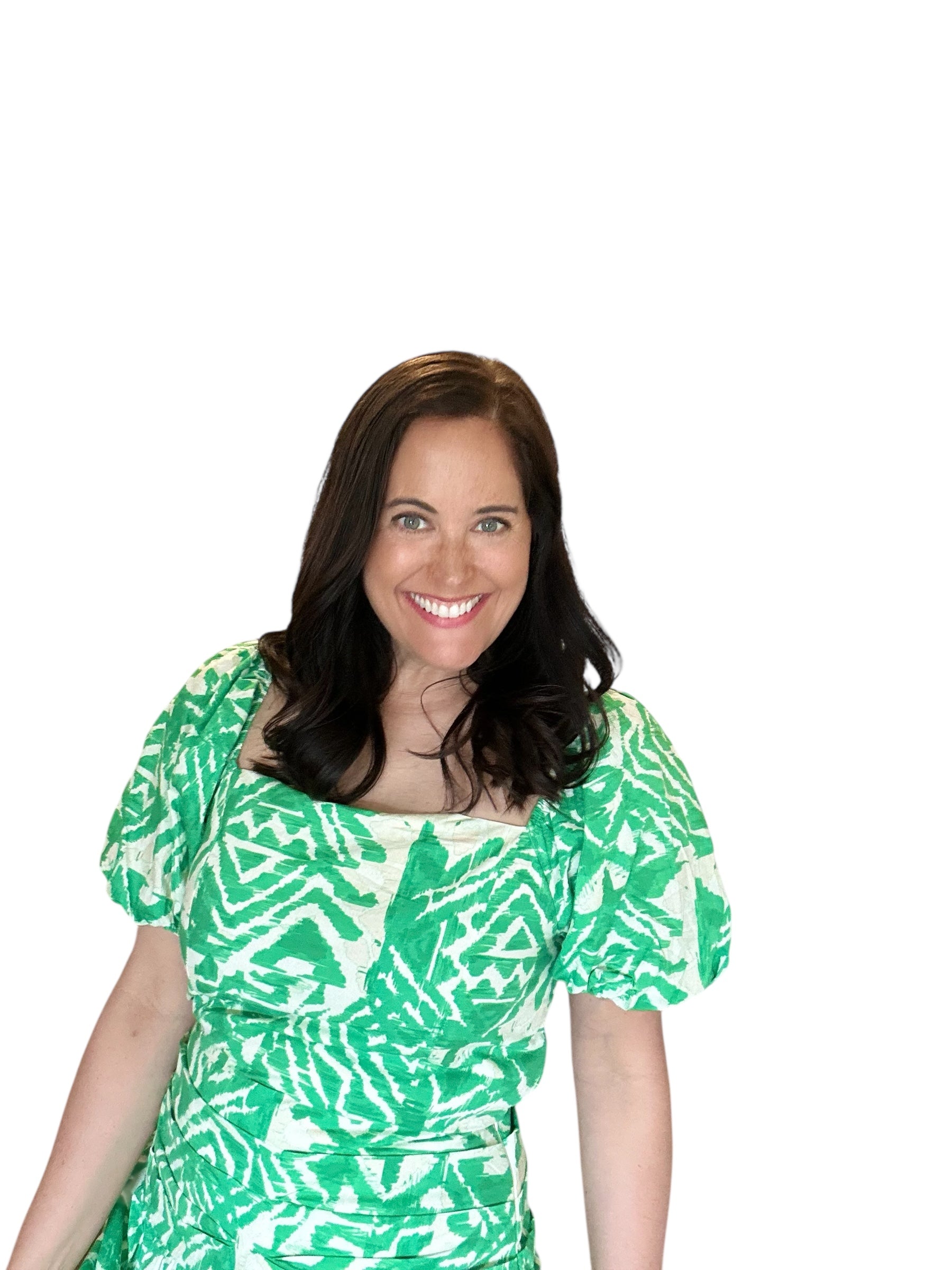 Trina green and white printed woven puff sleeve top and skirt set - The Girl on Ivy