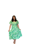 Trina green and white printed woven puff sleeve top and skirt set - The Girl on Ivy