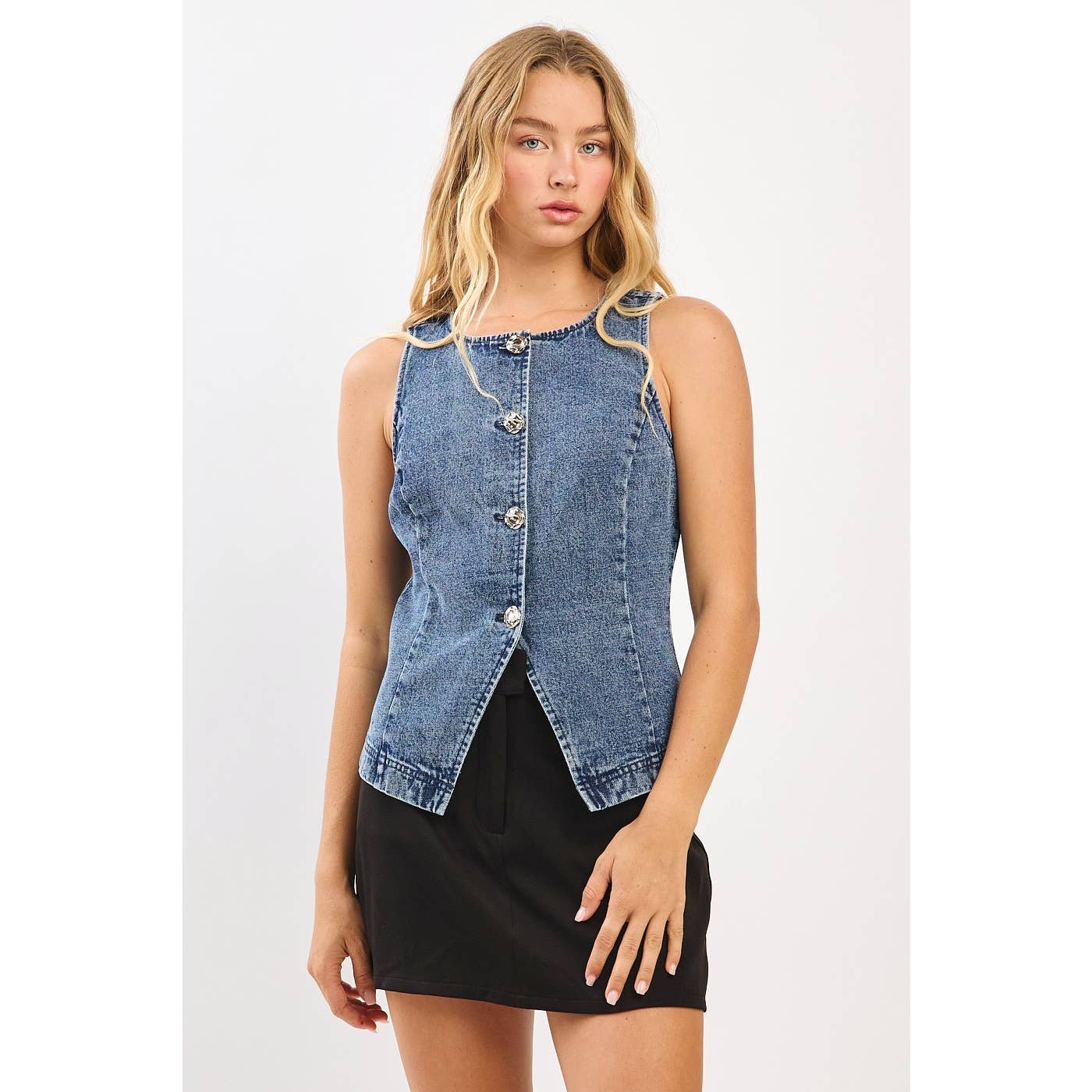 BOAT NECK FITTED SLEEVELESS DENIM VEST (2 color options) - The Girl on Ivy