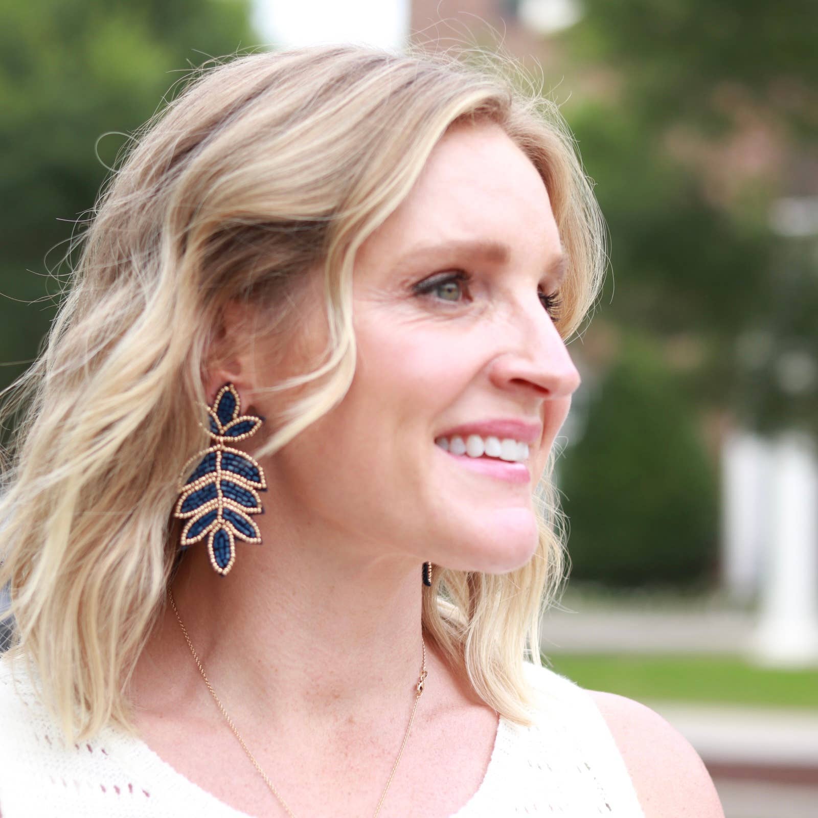 Custom Navy Beaded Fleur De Lis Earring| Leaf Drop - The Girl on Ivy