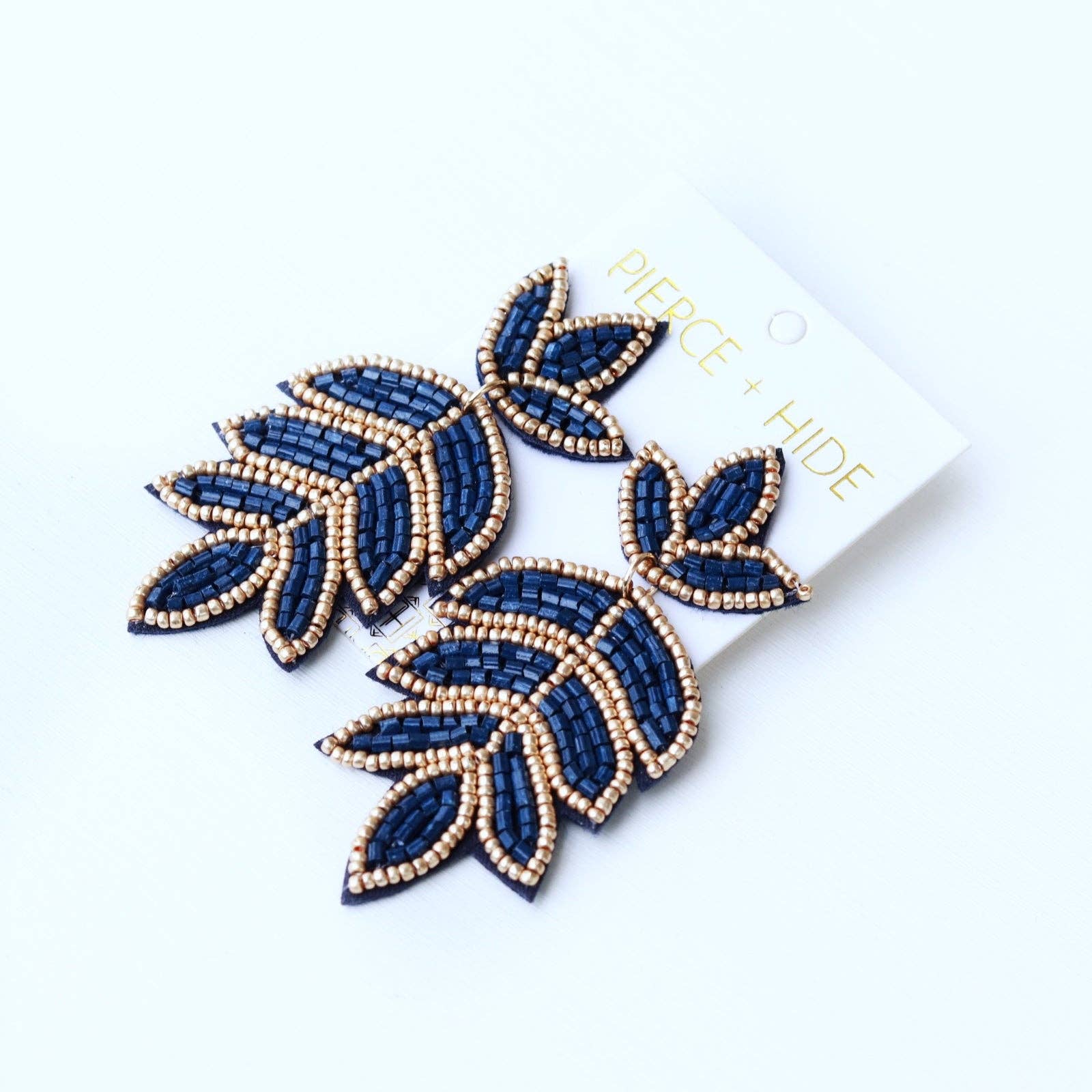 Custom Navy Beaded Fleur De Lis Earring| Leaf Drop - The Girl on Ivy