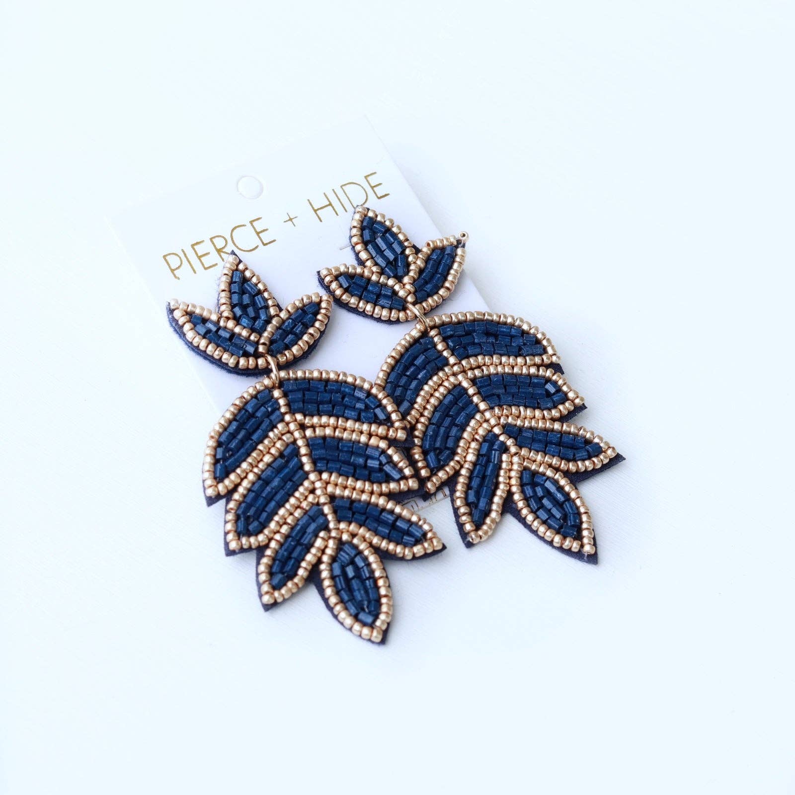 Custom Navy Beaded Fleur De Lis Earring| Leaf Drop - The Girl on Ivy
