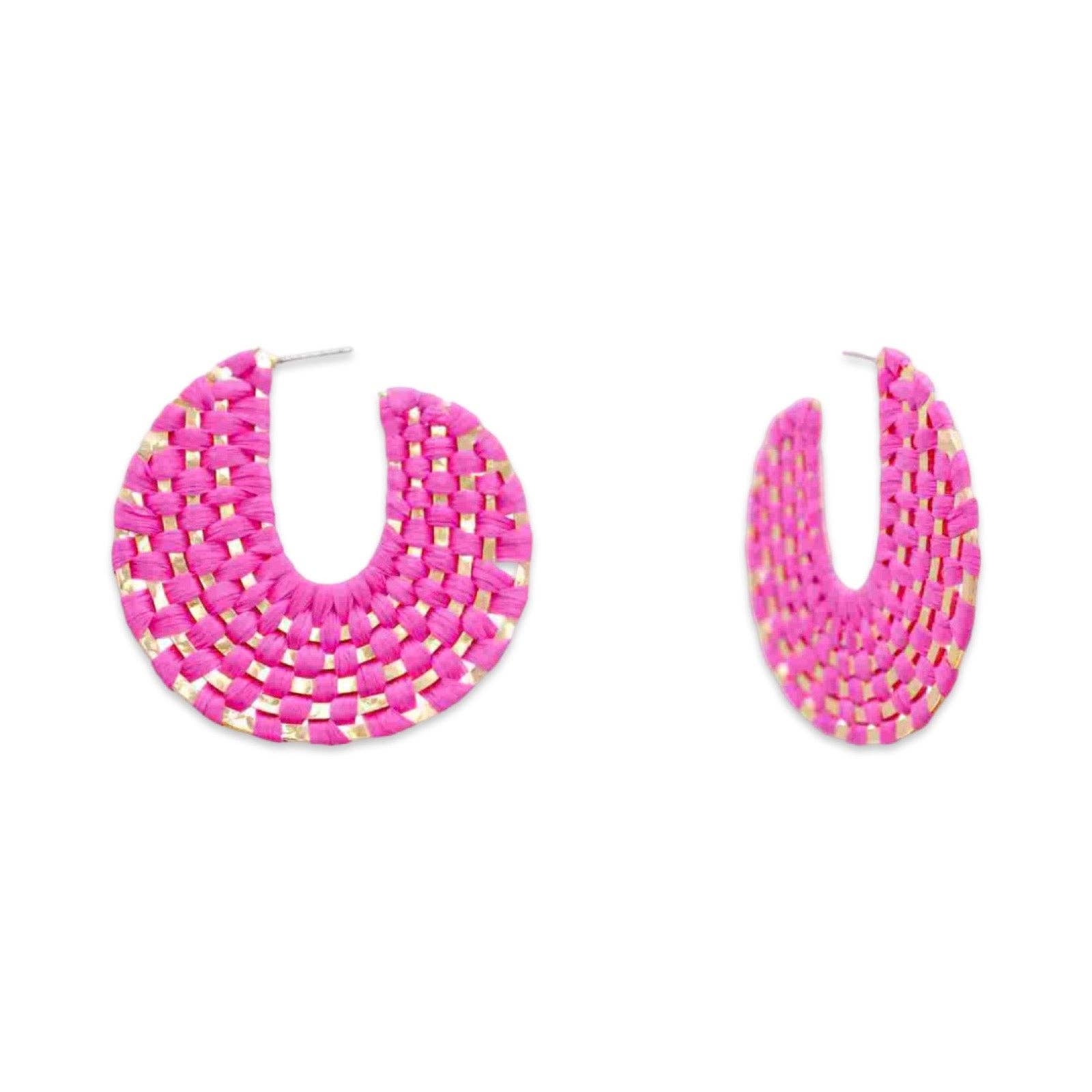 Fuchsia + Gold Raffia Wrapped Hoop Earrings | Raffia Hoop - The Girl on Ivy