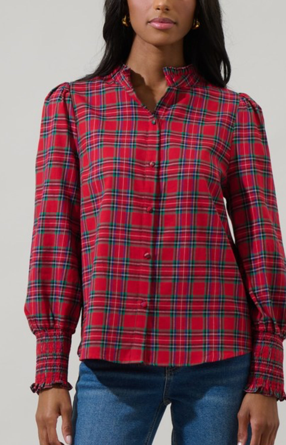 Carol Red Plaid Split Neck Top - The Girl on Ivy