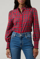 Carol Red Plaid Split Neck Top - The Girl on Ivy