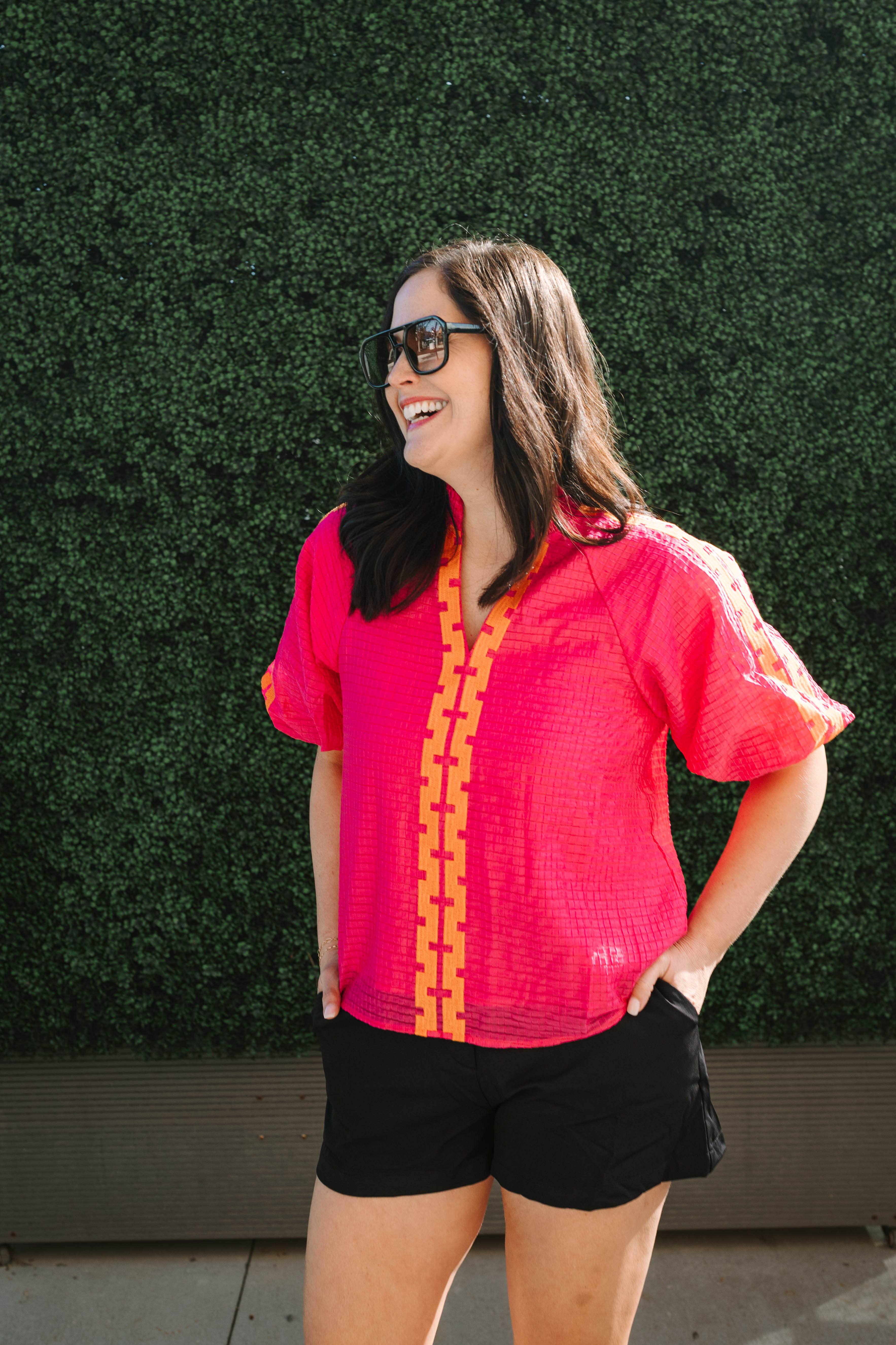 Elizabeth THML Magenta and Orange Embroidered Half Sleeve Textured Top - The Girl on Ivy