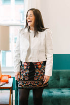 Maggie Black Suede Knit Mini Skirt with Colorful Embroidered Detail - The Girl on Ivy