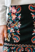 Maggie Black Suede Knit Mini Skirt with Colorful Embroidered Detail - The Girl on Ivy